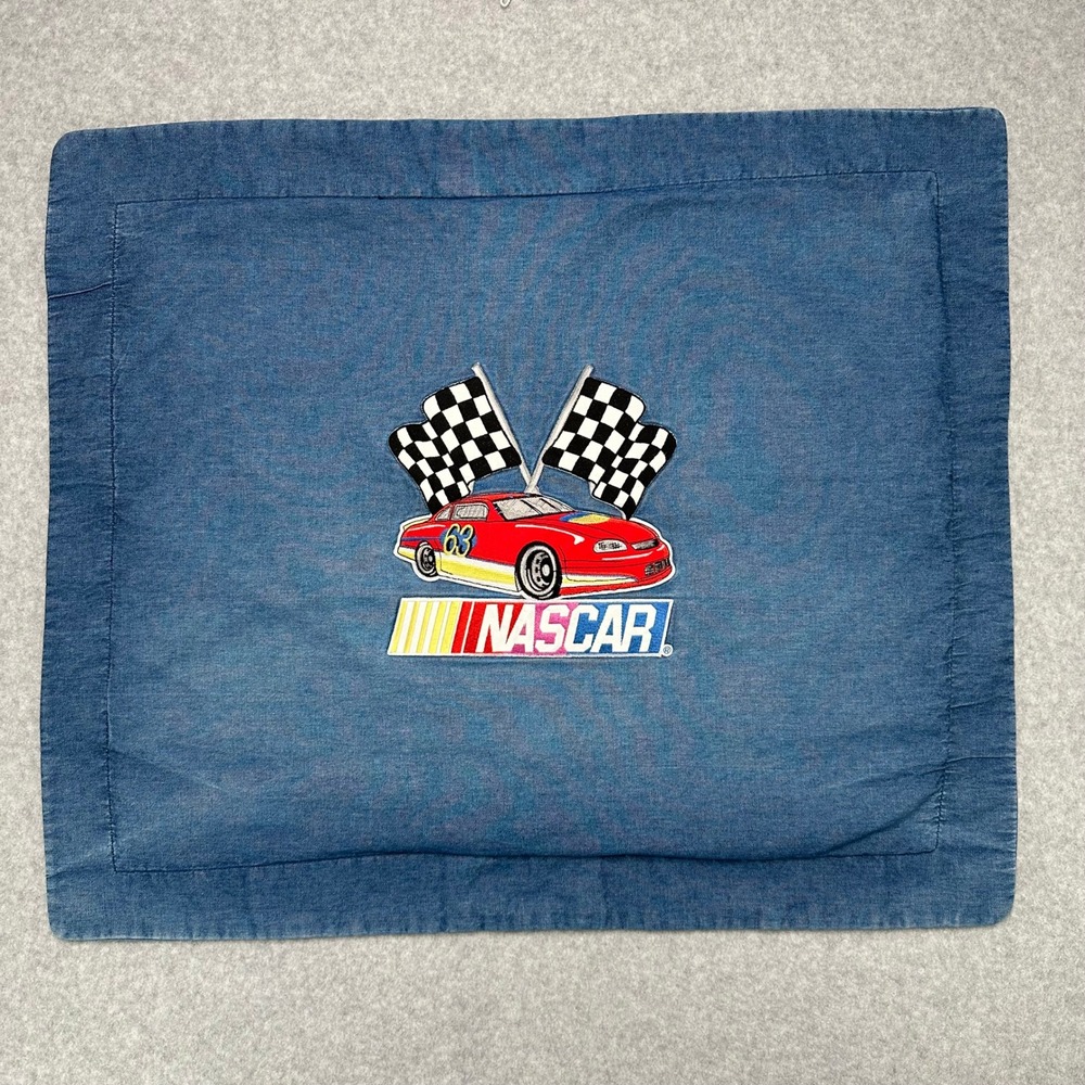 VTG‎ 90s NASCAR 63 Racing Car Embroidered Denim Pillowcase Cotton Made in USA